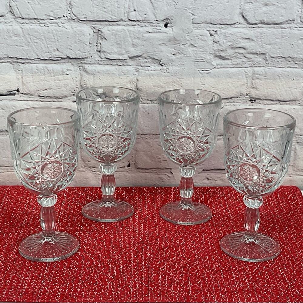 Hobstar Libbey Glass Wine/Water Goblets Vintage Set (4) Wedding Anniversary Gift